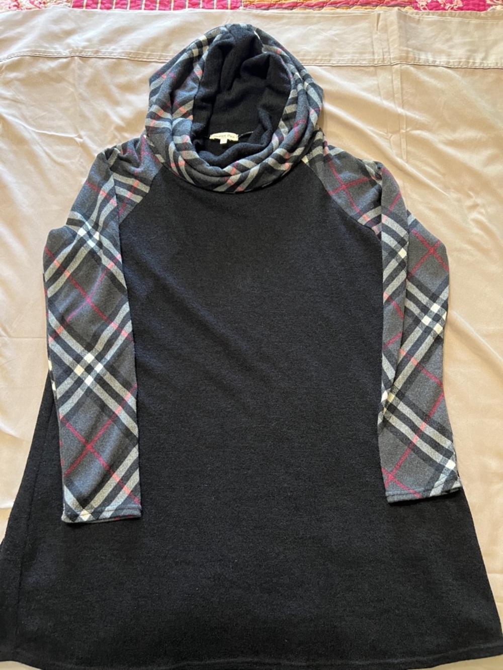 Sweet Pea Black Tunic Dress with Gray Plaid Sleeves